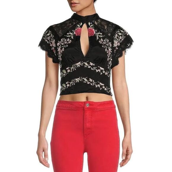 FREE PEOPLE CHIARA EMBROIDERED TOP black floral large C - Picture 3 of 9